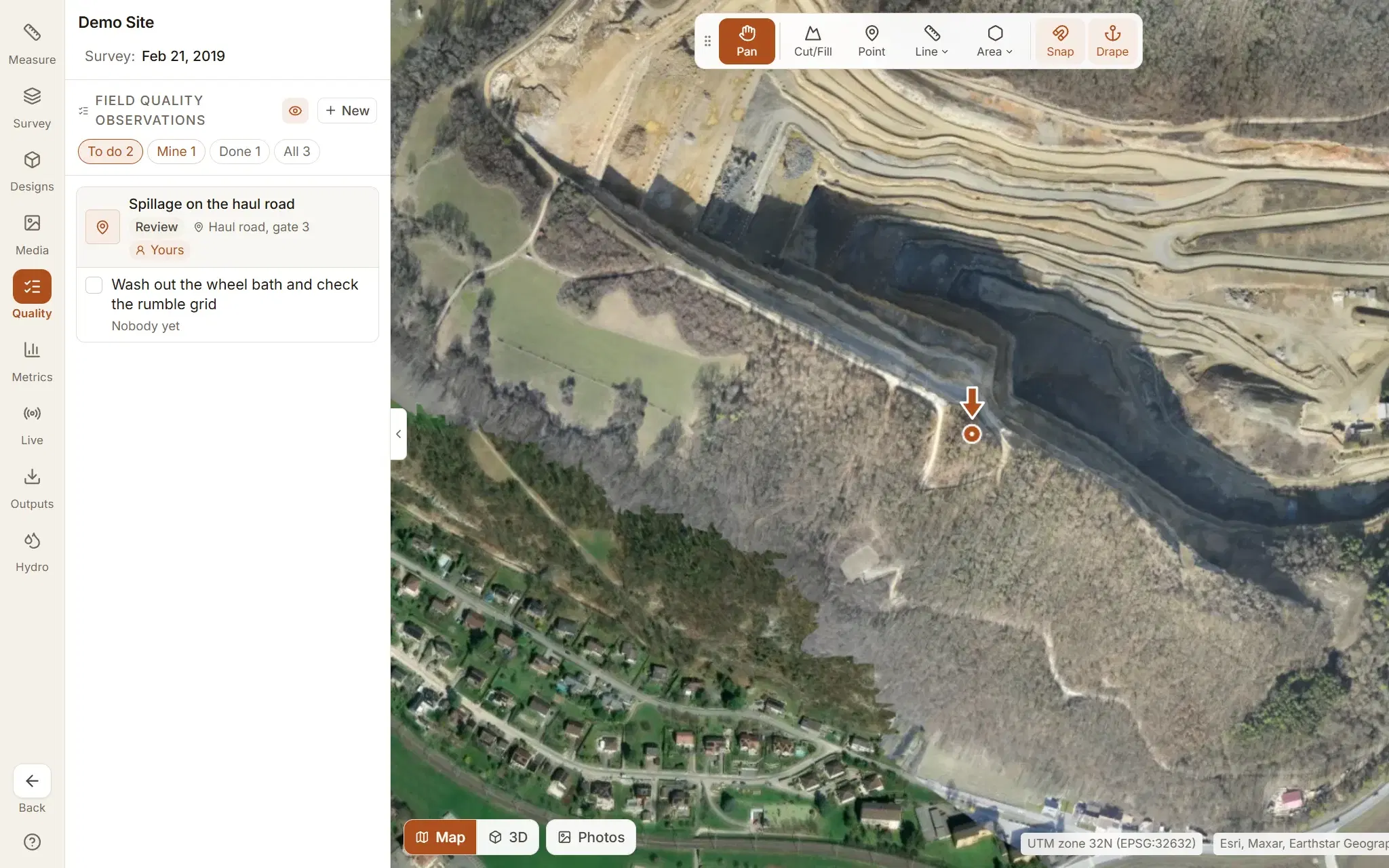The Quality tab beside the map: an observation at Review with its place and who has it, a corrective action under it with nobody on it yet, and its pin on the map
