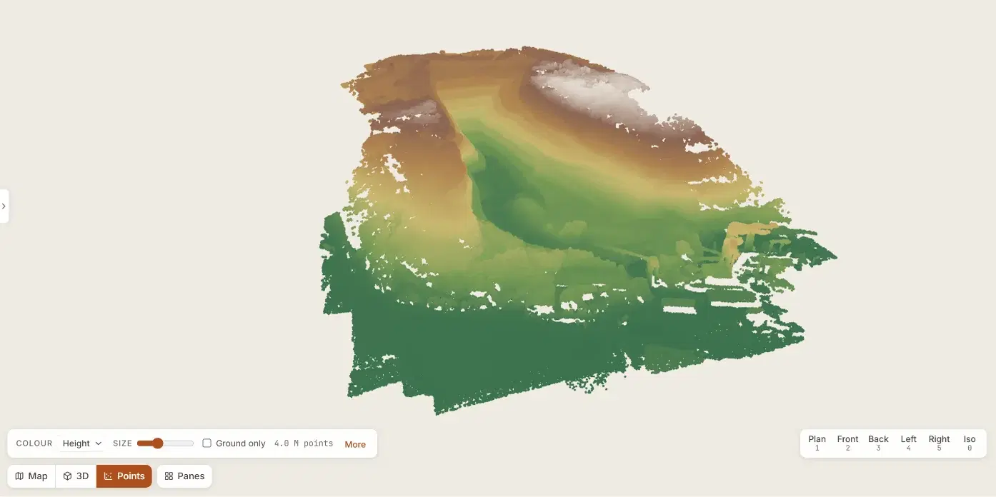 The quarry's point cloud in the browser, coloured by height from green in the valley to white on the top bench, with the colour and size controls and the six set views