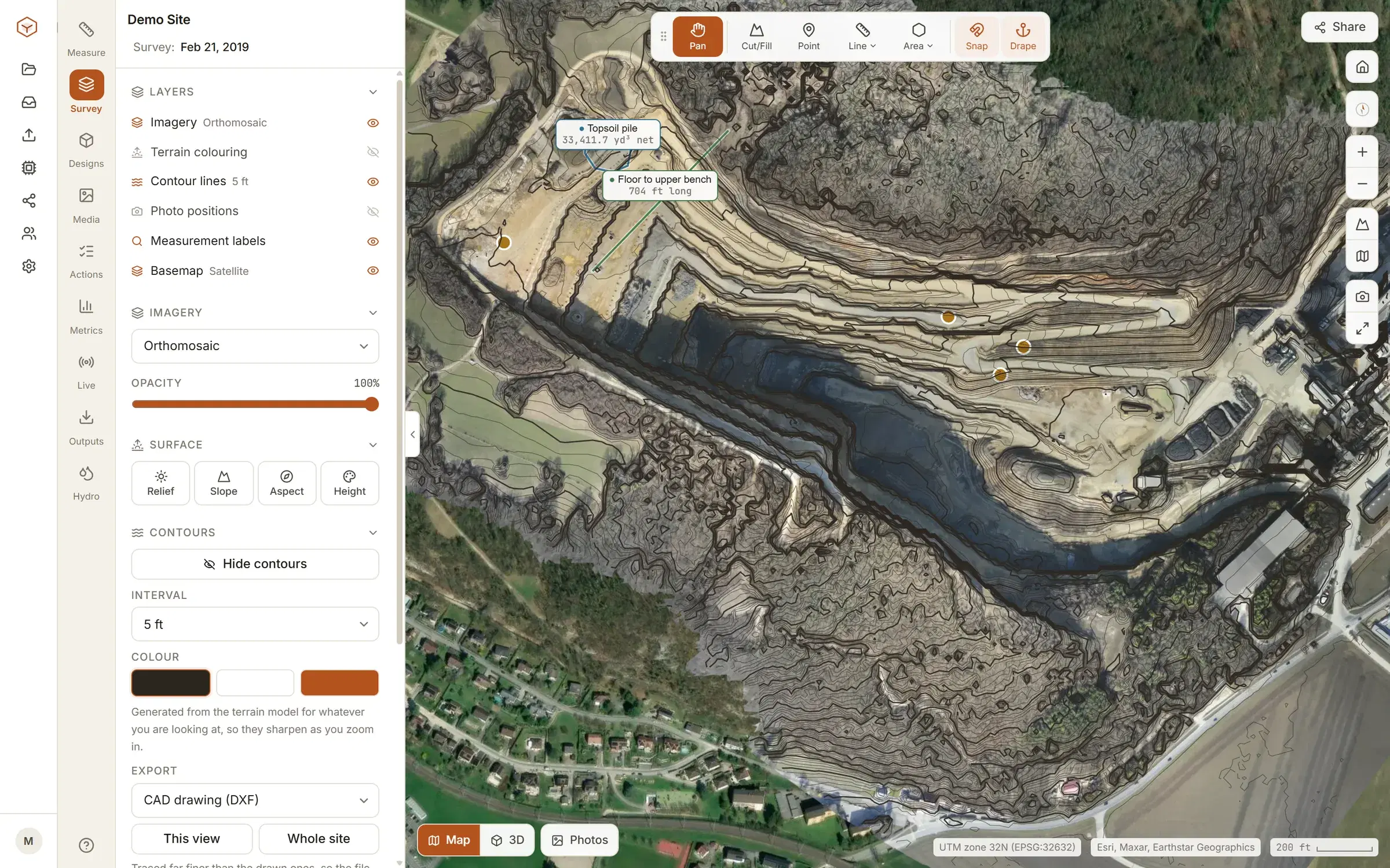 Contours drawn on the demo quarry in Groundsight
