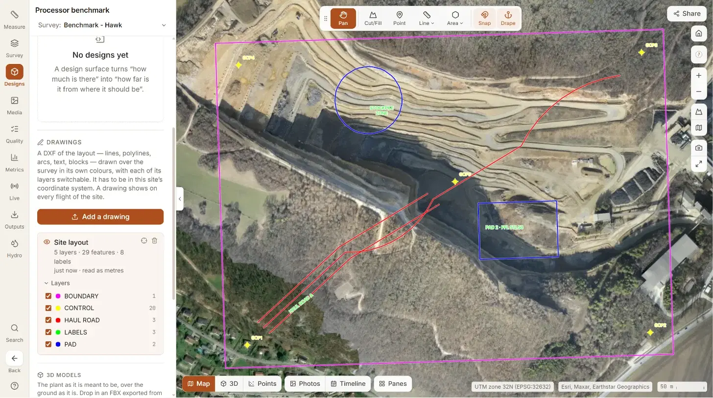A DXF site layout drawn over the quarry: a magenta boundary, red haul roads, a blue pad and stockpile zone and yellow control points, with the drawing's five layers listed in the panel