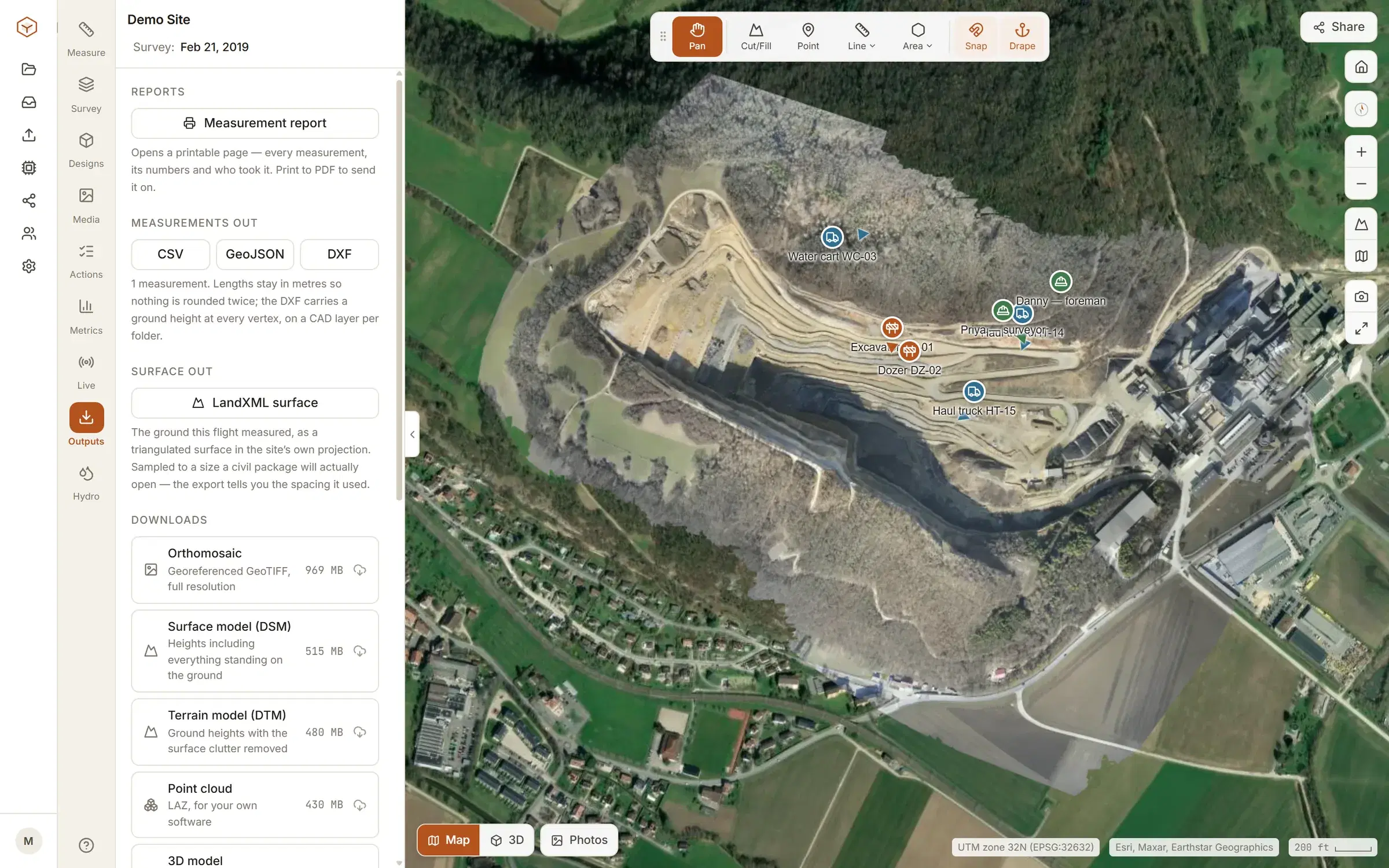 The Outputs tab: measurements out as CSV, GeoJSON and DXF, a LandXML surface, and downloads of the orthomosaic, terrain models and point cloud