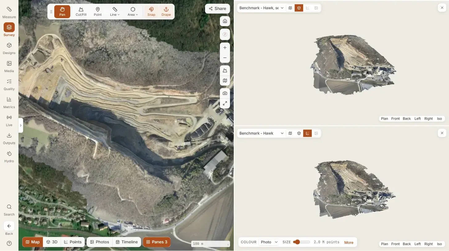 Three panes on one screen: the map of the quarry on the left, the 3D model and the point cloud of two flights stacked on the right