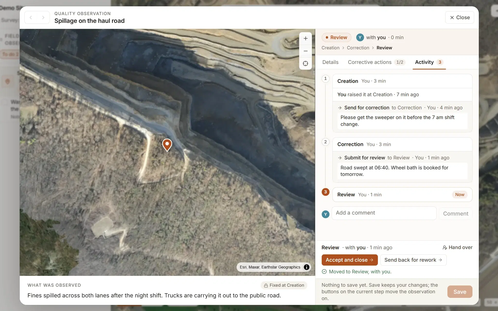 A field quality observation at its review step on the demo quarry: the spot framed on the map with its pin, the corrective actions counted, and the activity trail with each comment and who moved it on