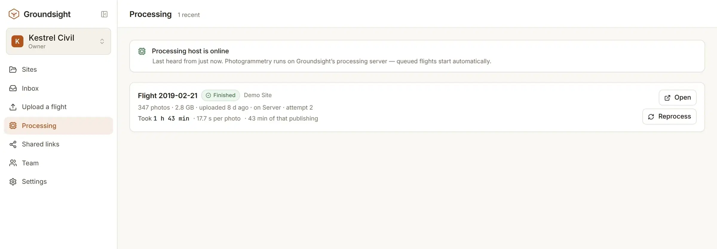 The processing page: a 347 photo flight finished, with how long it took and the time per photo