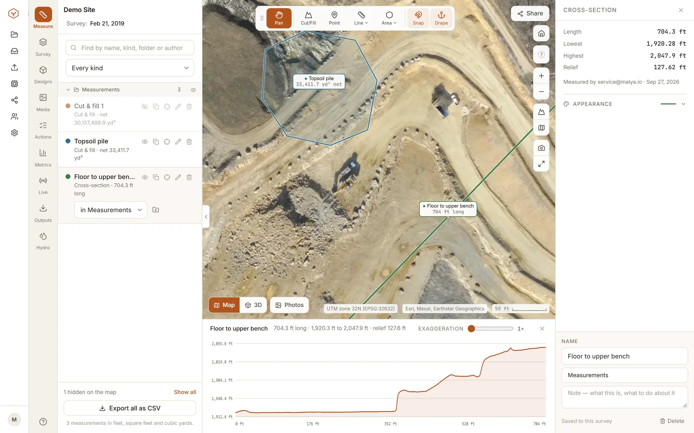 A cross-section drawn across the quarry with its ground profile charted below the map