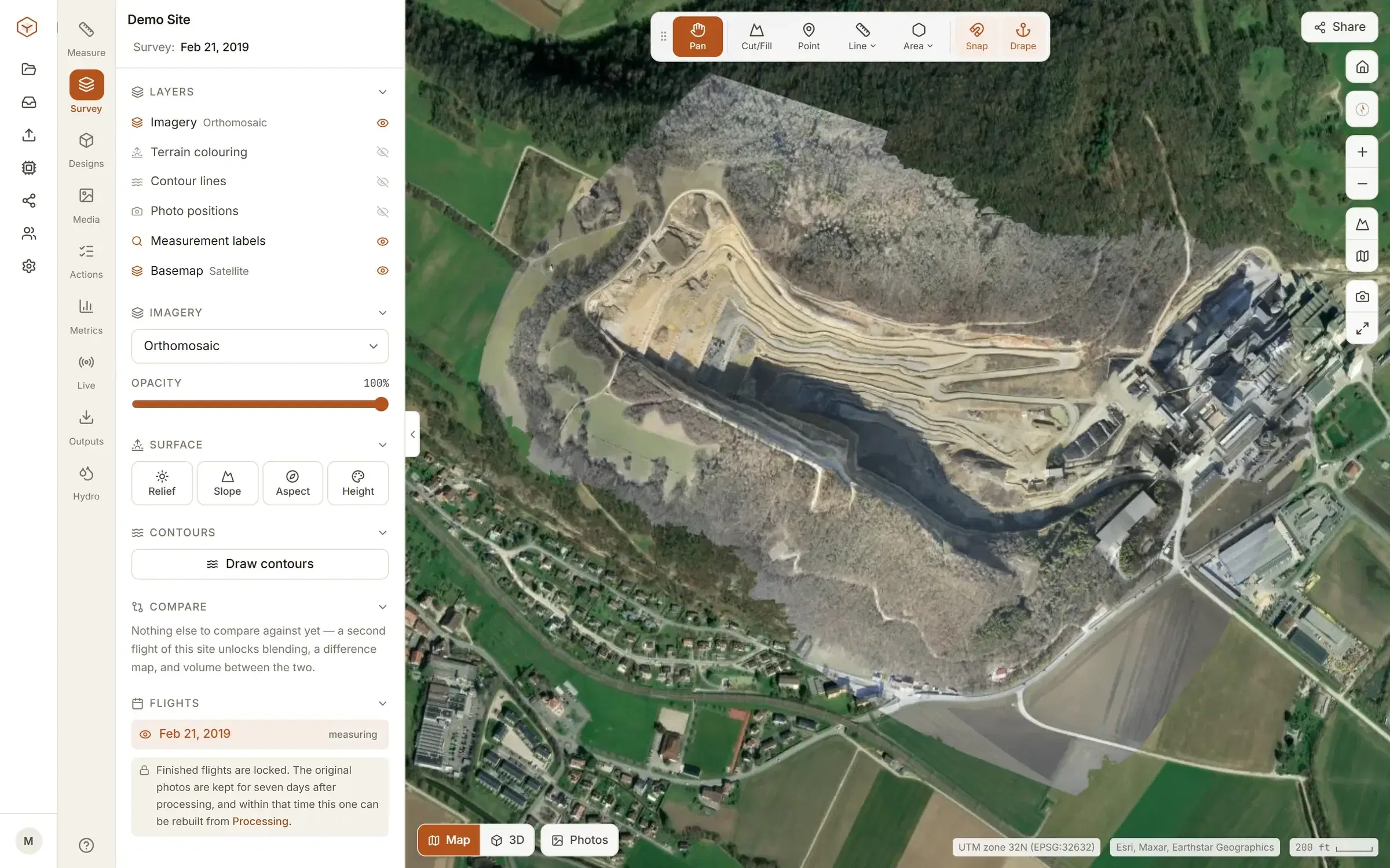 The Groundsight viewer: the demo quarry's orthomosaic with the survey panel open, measurement tools along the top and the map filling the rest of the window