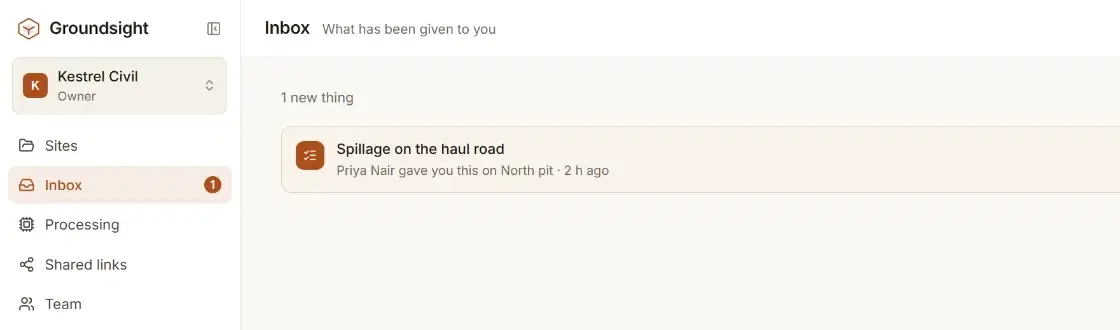 The Inbox, with Spillage on the haul road waiting: given by Priya Nair on North pit, two hours ago
