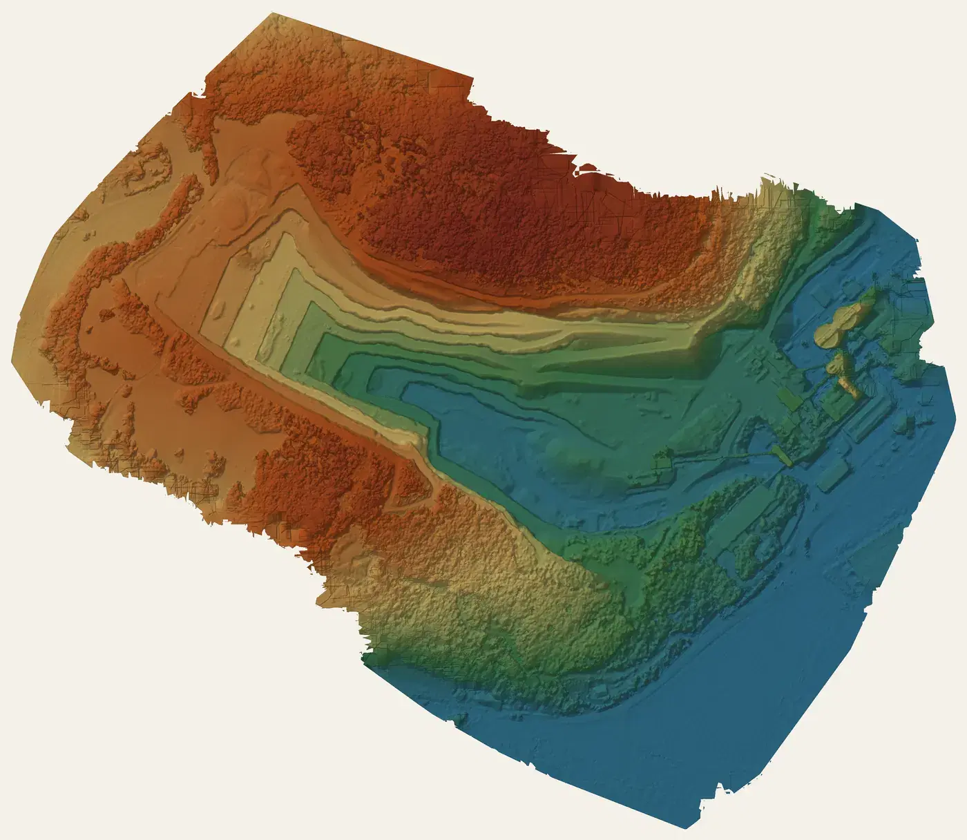 Digital surface model of the demo quarry, low ground in blue and high ground in rust