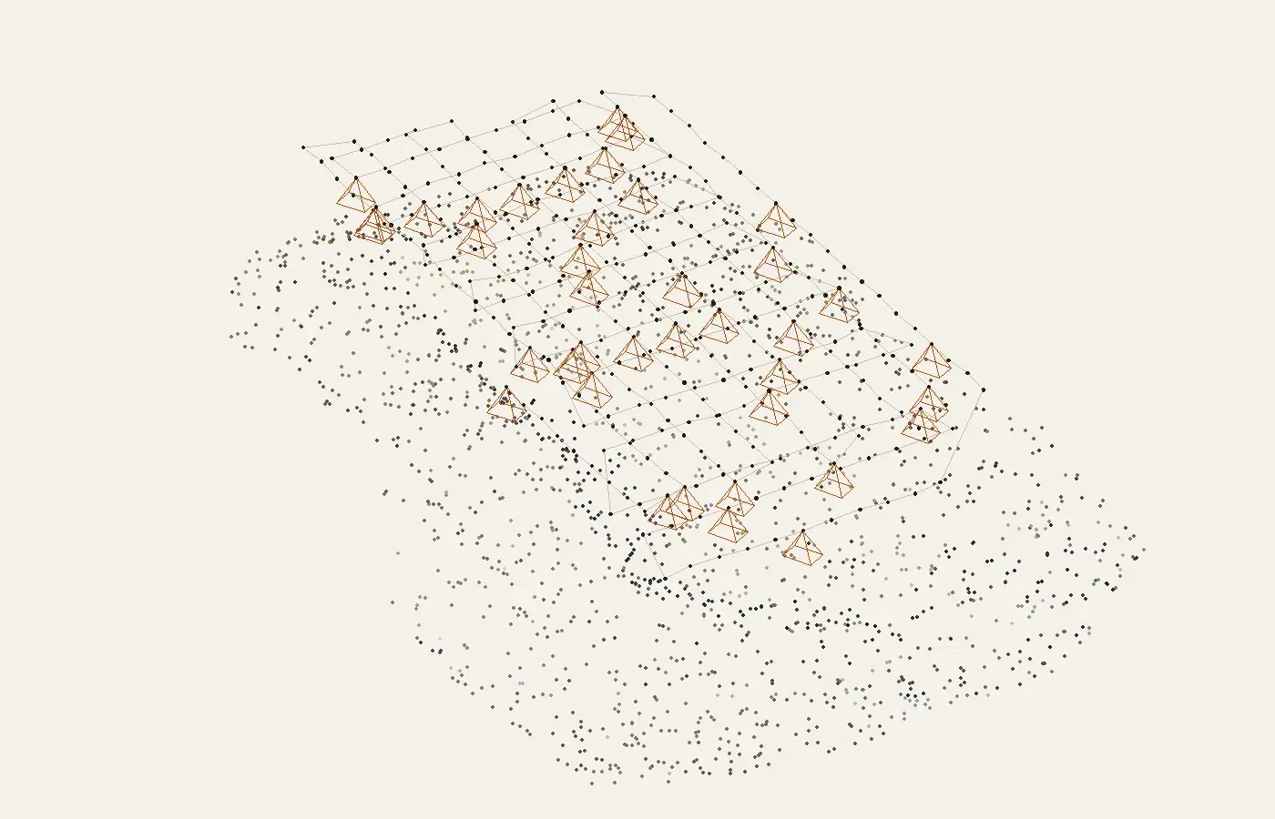 Sparse point cloud of the demo quarry with the 347 solved camera positions above it